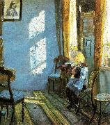 Anna Ancher solskin i den bla stue, helga ancher hakler ibedstemoderens stue painting